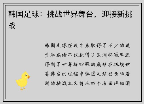 韩国足球：挑战世界舞台，迎接新挑战