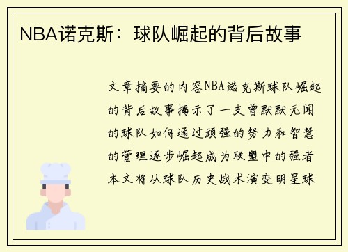 NBA诺克斯：球队崛起的背后故事