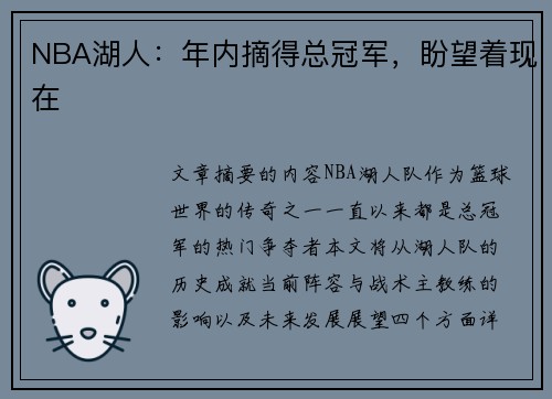 NBA湖人：年内摘得总冠军，盼望着现在
